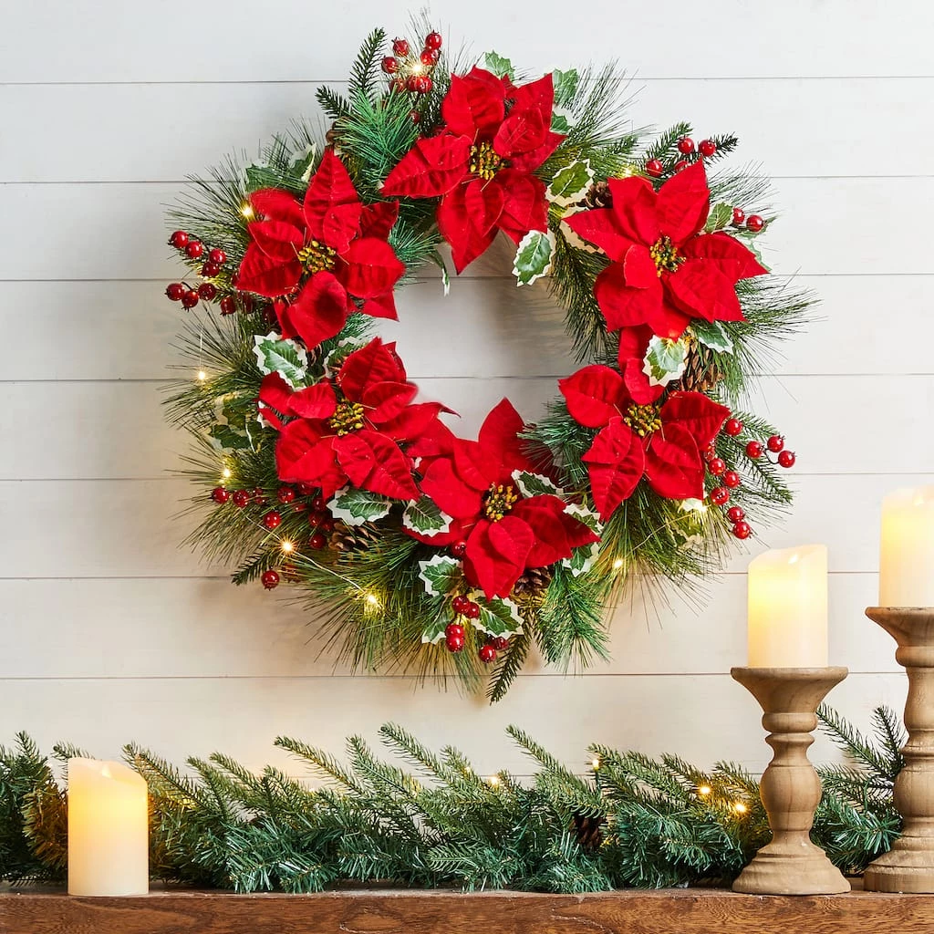 Wholesale ✔️ Glitzhome® 24" Pre-Lit Poinsettia & Pinecone Wreath 🥰 4 Wholesale ✔️ Glitzhome® 24" Pre-Lit Poinsettia & Pinecone Wreath 🥰 - Image 2
