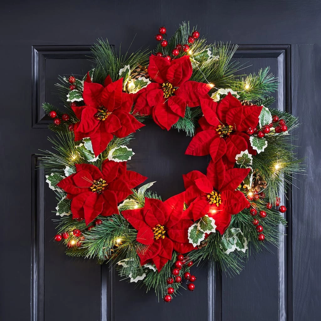 Wholesale ✔️ Glitzhome® 24" Pre-Lit Poinsettia & Pinecone Wreath 🥰 6 Wholesale ✔️ Glitzhome® 24" Pre-Lit Poinsettia & Pinecone Wreath 🥰 - Image 4