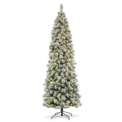 Brand new 👏 Glitzhome® 9ft. Pre-Lit Flocked Pencil Pine Artificial ❄ Christmas Tree, Warm White LED Lights 🔥
