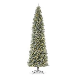 Flash Sale 🛒 Glitzhome® 11ft. Pre-Lit Flocked Pencil Fir Artificial 🎅 Christmas Tree, Warm White LED Lights 😀