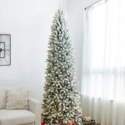 Flash Sale 🛒 Glitzhome® 11ft. Pre-Lit Flocked Pencil Fir Artificial 🎅 Christmas Tree, Warm White LED Lights 😀 -Glitzhome Sales D652266S 3