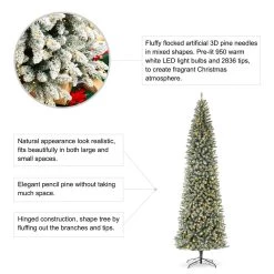 Flash Sale 🛒 Glitzhome® 11ft. Pre-Lit Flocked Pencil Fir Artificial 🎅 Christmas Tree, Warm White LED Lights 😀 -Glitzhome Sales D652266S 7