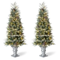 Hot Sale 🧨 Glitzhome® 2 Pack 5ft. Pre-Lit Pine Artificial 🎄 Christmas Porch Tree, Warm White LED Lights 🔔