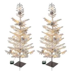 Cheapest ⌛ Glitzhome® 2 Pack 3ft. Pre-Lit Upward Wrapped Flocked Pine Artificial 🎄 Christmas Table Tree, Warm White LED Lights ❤️