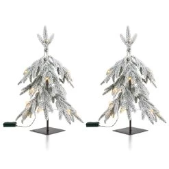 Best Sale 🧨 Glitzhome® 2 Pack 2ft. Pre-Lit Downward Wrapped Flocked Pine Artificial 🎅 Christmas Table Tree, Warm White LED Lights 💯