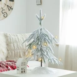 Best Sale 🧨 Glitzhome® 2 Pack 2ft. Pre-Lit Downward Wrapped Flocked Pine Artificial 🎅 Christmas Table Tree, Warm White LED Lights 💯 -Glitzhome Sales D652286S 3