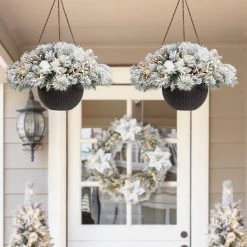 Cheapest ⌛ Glitzhome® 24'' Pre-Lit Snow Flocked 🎁 Christmas Artificial Pine Poinsettia Hanging Baskets, 2ct. ❤️ -Glitzhome Sales D652356S 3