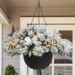 Cheapest ⌛ Glitzhome® 24'' Pre-Lit Snow Flocked 🎁 Christmas Artificial Pine Poinsettia Hanging Baskets, 2ct. ❤️ -Glitzhome Sales D652356S 4