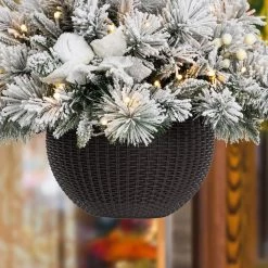 Cheapest ⌛ Glitzhome® 24'' Pre-Lit Snow Flocked 🎁 Christmas Artificial Pine Poinsettia Hanging Baskets, 2ct. ❤️ -Glitzhome Sales D652356S 7