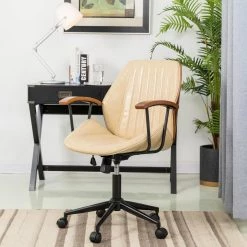 New 🎁 Glitzhome® 38" Cream Leatherette Gaslift Adjustable Swivel Office Chair 😍 -Glitzhome Sales D670865S 3