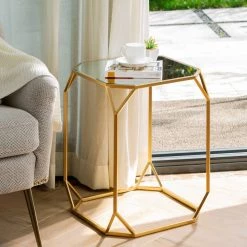 Cheap 🌟 Glitzhome® Gold Metal Square Accent Table with Glass Top Set ✔️ -Glitzhome Sales D670873S 5